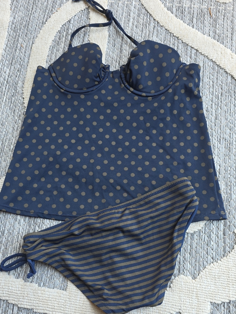 JCrew Tankini In Navy/Army Green Polka Dot/ Stripe
